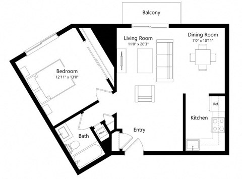Floor plan for 1 bed, 1 bath, 671 sqft